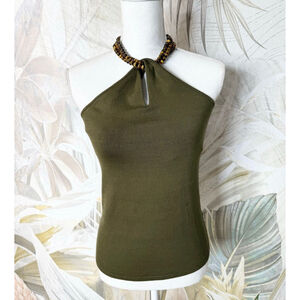 Ralph Lauren Black Label Olive Green Beaded Halter Top L-Read Description